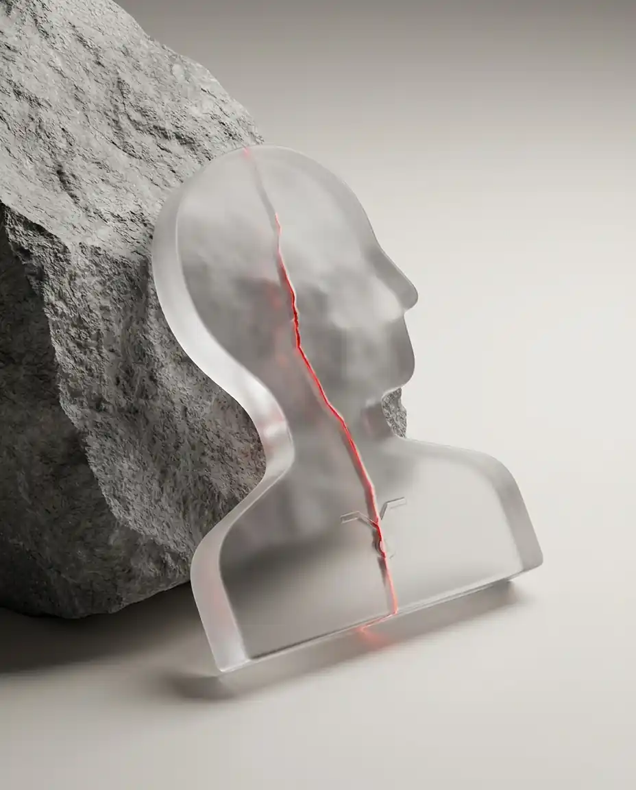 Transparent human bust sculpture cracked with glowing red light leaning on textured rock.