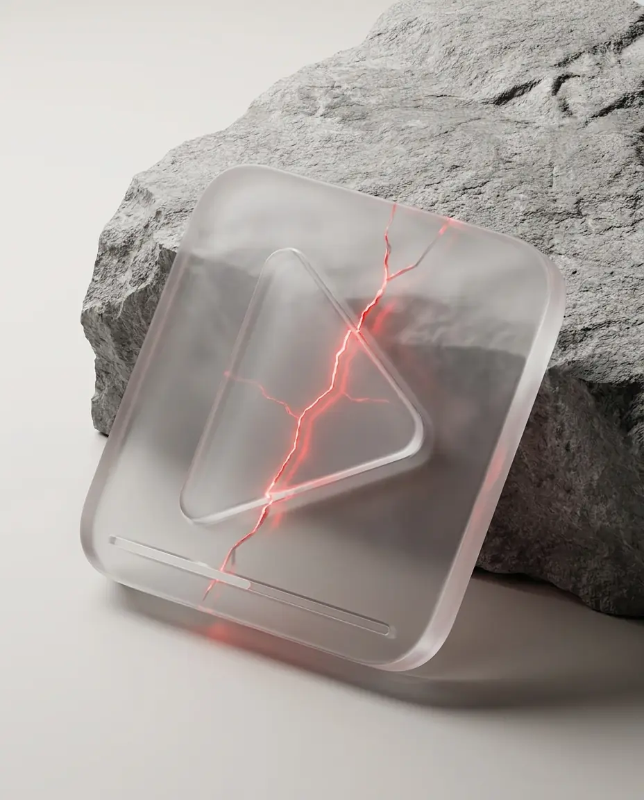 Frosted play button icon with glowing red crack leaning against a rough gray stone.