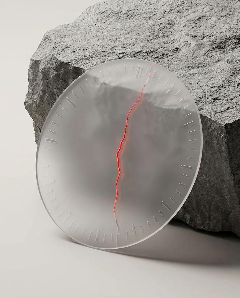 Transparent clock face with a red crack leaning against a rough gray rock.