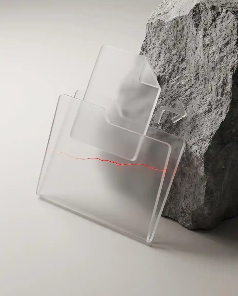 Transparent folder with a document inside leaning against a rock with a curved arrow symbol.