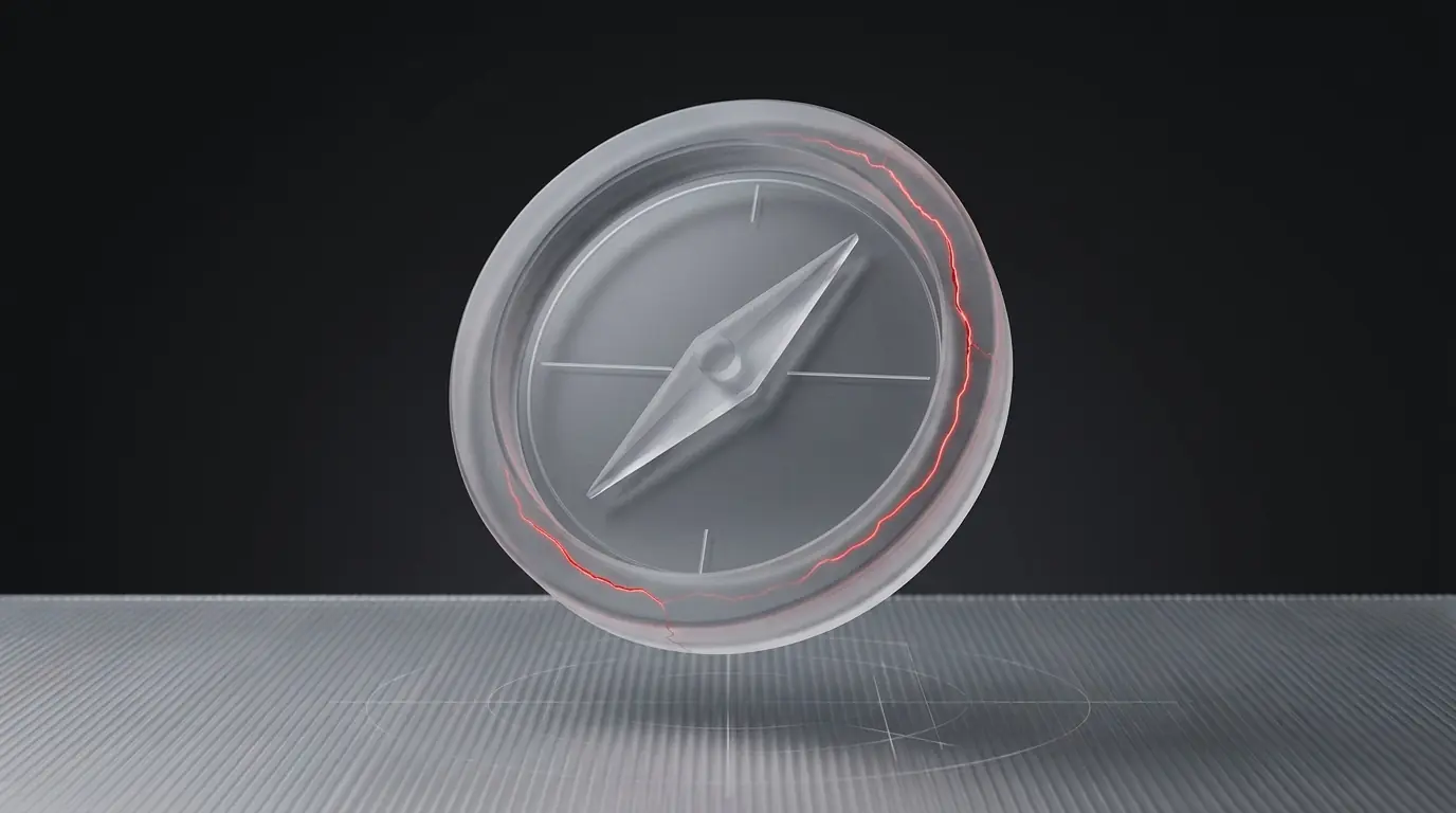 Futuristic translucent compass with a glowing red crack pattern, floating above a textured surface against a dark background.