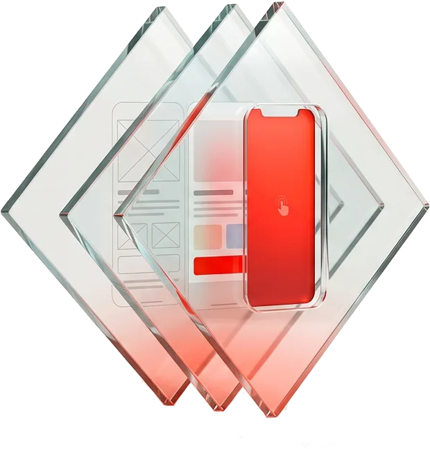 Three transparent diamond-shaped layers stacked slightly offset, with the front layer containing a red smartphone showing a hand tapping icon and faint UI wireframe sketches behind it.