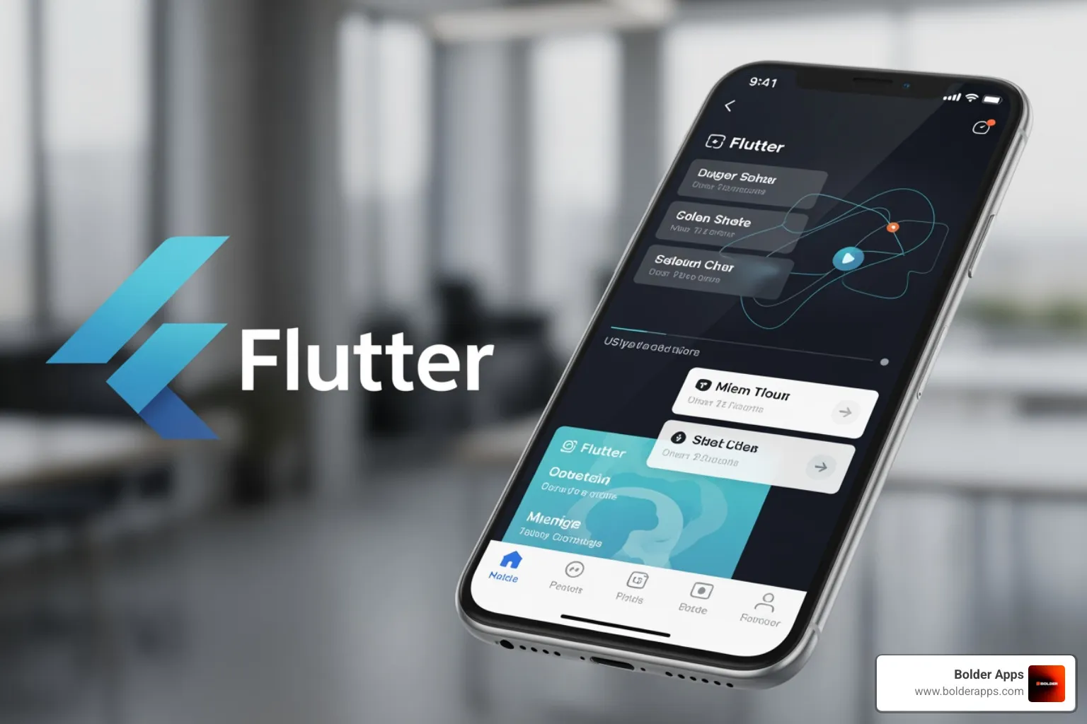 Flutter logo next to a visually stunning app UI with complex animations - Top Cross-Platform App Development Frameworks in 2026 Flutter logo next to a visually stunning app UI with complex animations - Top Cross-Platform App Development Frameworks in 2026