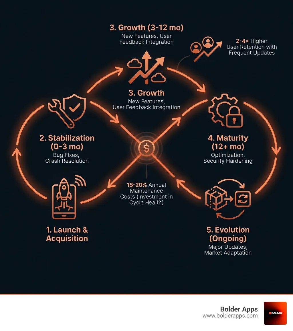 Infographic showing the mobile app lifecycle: Launch phase (initial release, user acquisition), Stabilization phase (bug fixes, crash resolution, 0-3 months), Growth phase (feature additions, OS updates, user feedback integration, 3-12 months), Maturity phase (optimization, security hardening, competitive improvements, 12+ months), and Evolution phase (major updates, new technologies, market adaptation, ongoing). Arrows indicate continuous feedback loops between phases, with annotations showing 15-20% annual maintenance costs and the impact of updates on user retention (2-4× higher with frequent updates). - ongoing app support infographic infographic-line-5-steps-dark