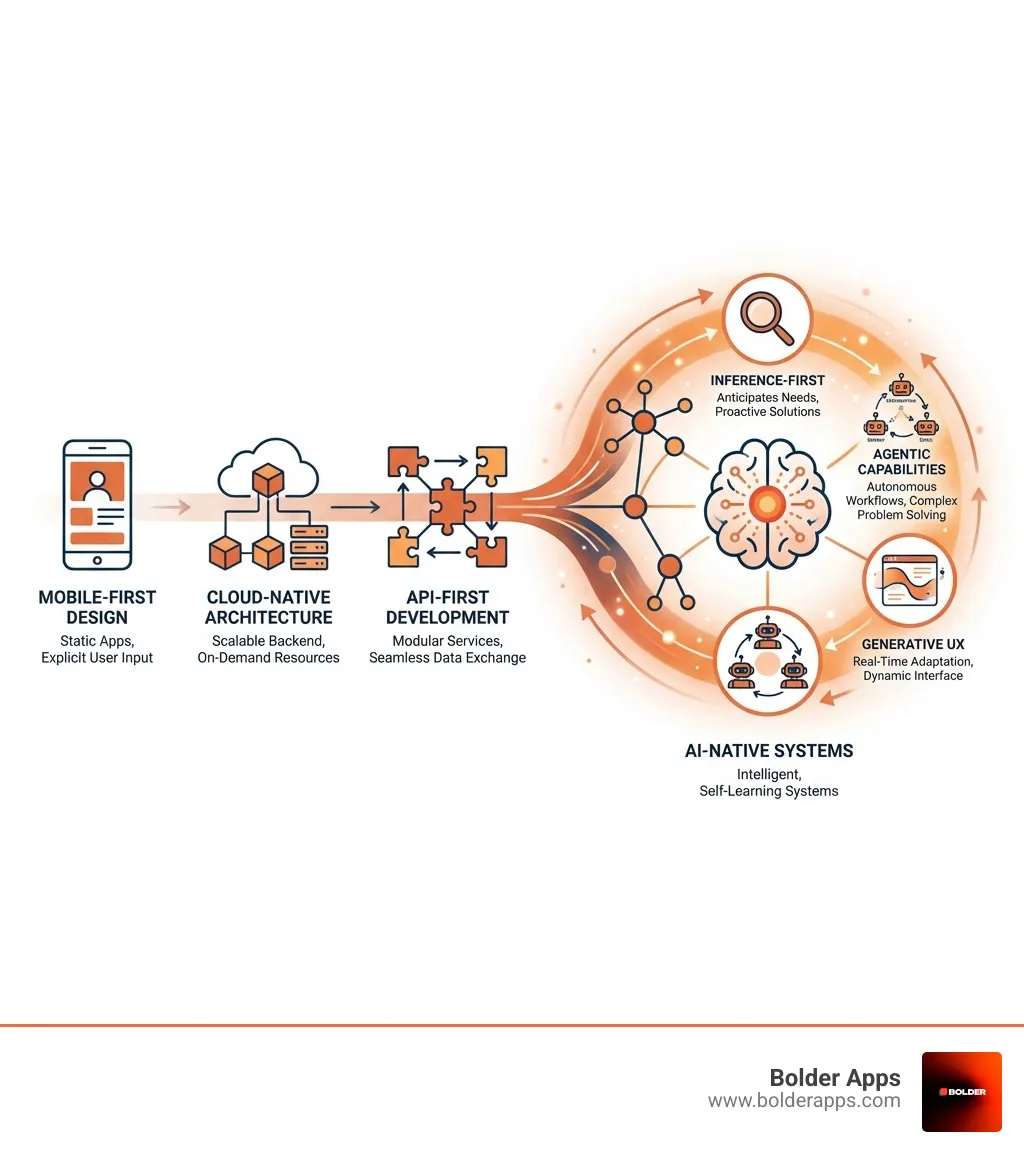 Evolution from mobile-first to AI-first application development showing the transition from static apps to intelligent, self-learning systems with key milestones including cloud-native architecture, mobile-first design, API-first development, and finally AI-native systems with agentic capabilities - Application Development in 2026: The Ultimate Guide to the AI-First Era infographic 