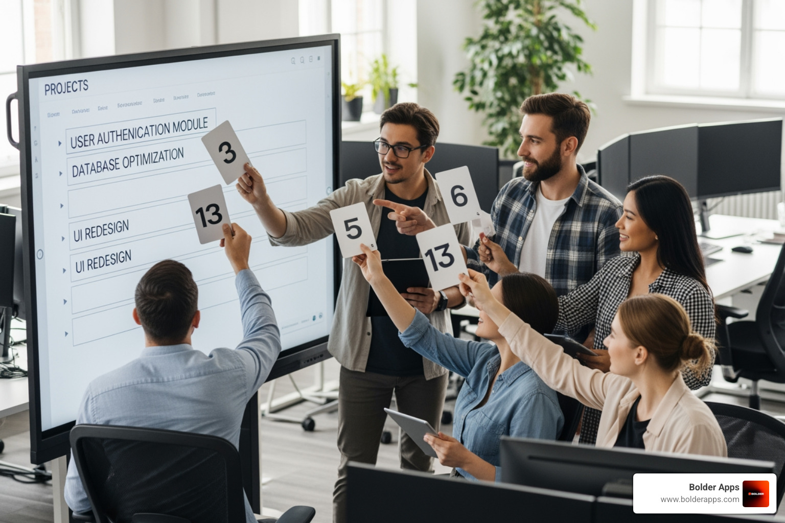 A team of developers engaged in a Planning Poker session, holding up cards with numbers to estimate tasks on a whiteboard. -  a straightforward process that empowers you to estimate your project's financial scope with real, decision-ready numbers instead of vague guesses