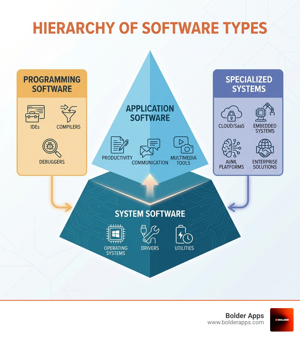 infographic showing the hierarchy of software types: system software at the base (operating systems, drivers, utilities), application software in the middle (productivity, communication, multimedia tools), programming software on one side (IDEs, compilers, debuggers), and specialized systems on the other side (cloud/SaaS, embedded systems, AI/ML platforms, enterprise solutions) - 101 on The Most Popular Types of Software infographic 