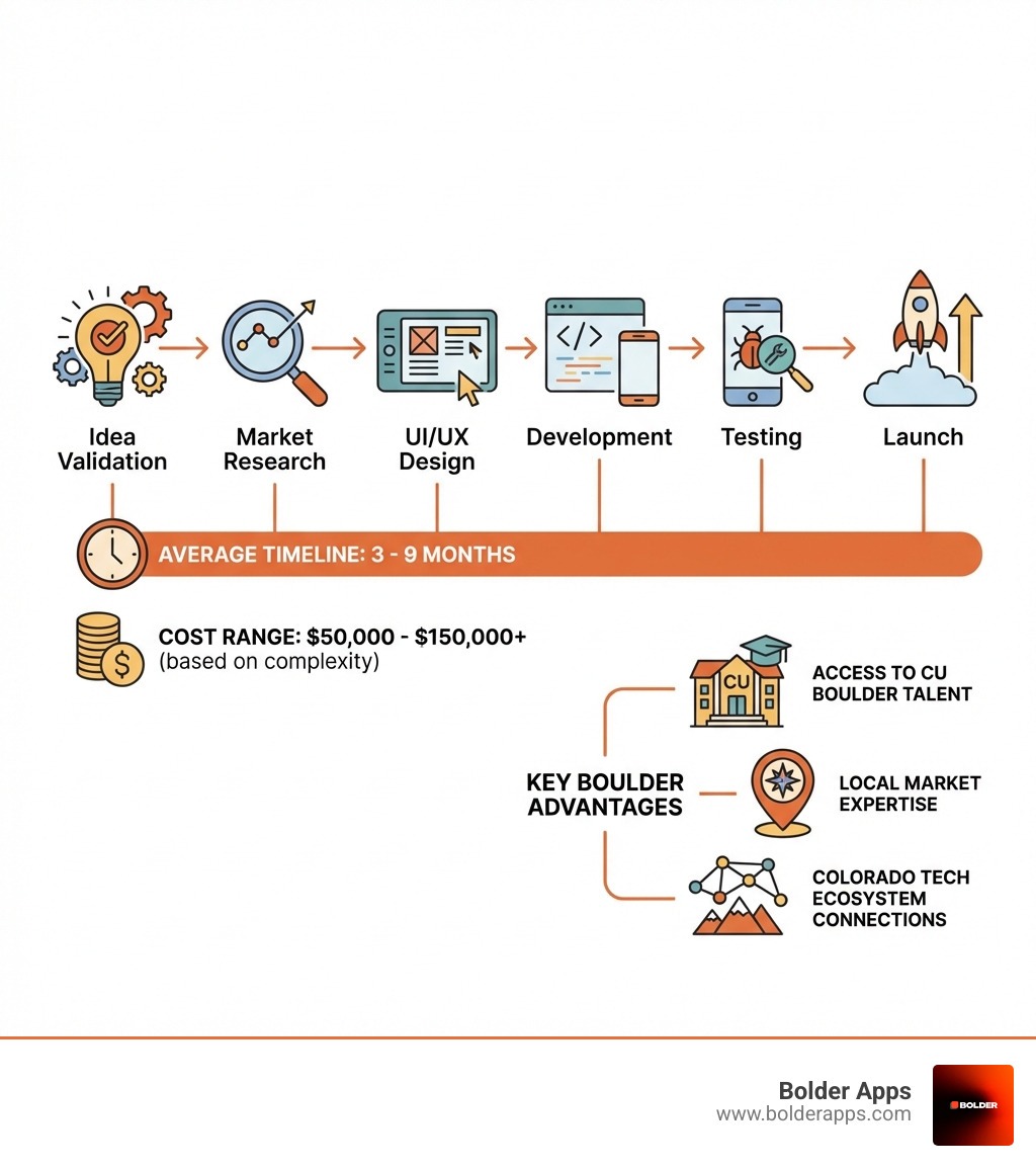 Infographic showing the mobile app development process in Boulder from idea validation through market research, UI/UX design, development, testing, and launch, with average timelines of 3-9 months and cost ranges from $50,000 to $150,000+ based on app complexity, featuring key Boulder advantages including access to University of Colorado Boulder talent, local market expertise, and connections to Colorado's growing tech ecosystem - app development boulder infographic 