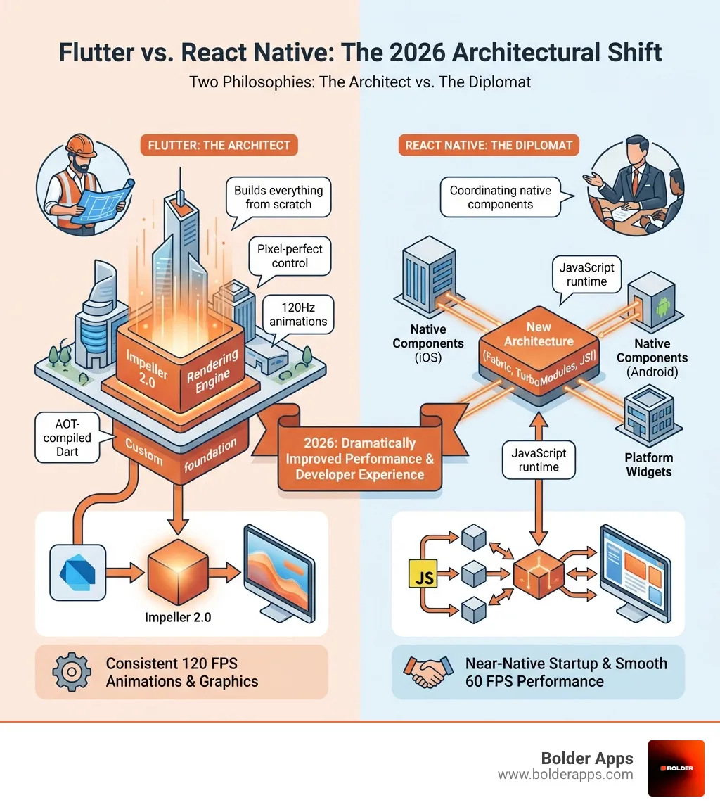 Infographic comparing Flutter and React Native philosophies: Flutter as an architect building everything from scratch with its own rendering engine (Impeller 2.0, 120Hz animations, pixel-perfect control, AOT-compiled Dart), versus React Native as a diplomat coordinating native components (New Architecture with Fabric, TurboModules, JSI, JavaScript runtime, leveraging platform widgets) - Flutter vs. React Native in 2026: Why the 'New Architecture' and Impeller 2.0 Changed Everything infographic 