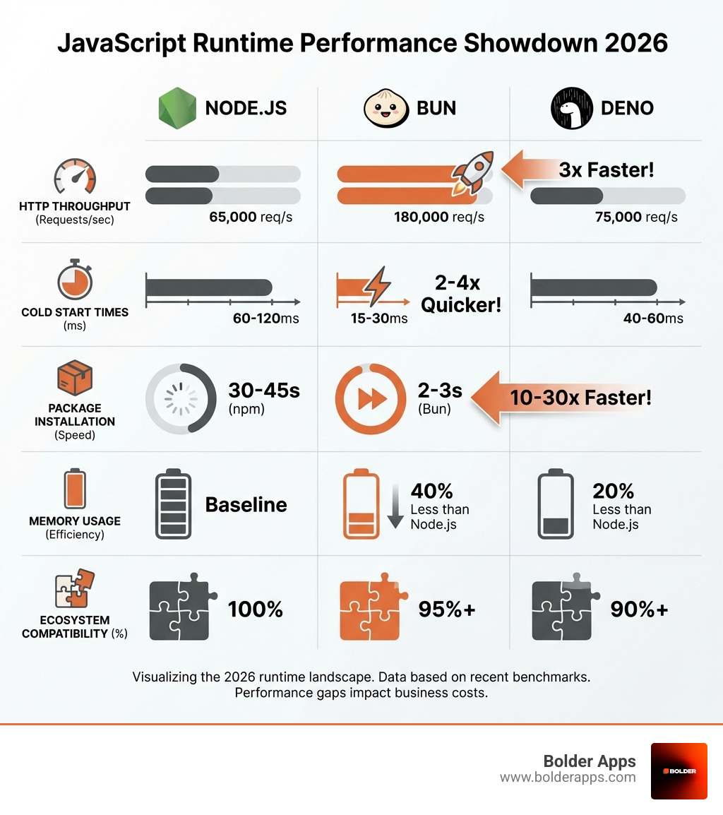 Infographic comparing Node.js, Bun, and Deno across performance metrics including HTTP throughput (Bun 180k req/s, Deno 75k req/s, Node.js 65k req/s), cold start times (Bun 15-30ms, Deno 40-60ms, Node.js 60-120ms), package installation speed (Bun 2-3s, npm 30-45s), memory usage (Bun 40% less than Node.js), and ecosystem compatibility (Node.js 100%, Bun 95%, Deno 90%) - "Node.js vs. Bun vs. Deno: The Ultimate Runtime Performance Showdown" infographic 