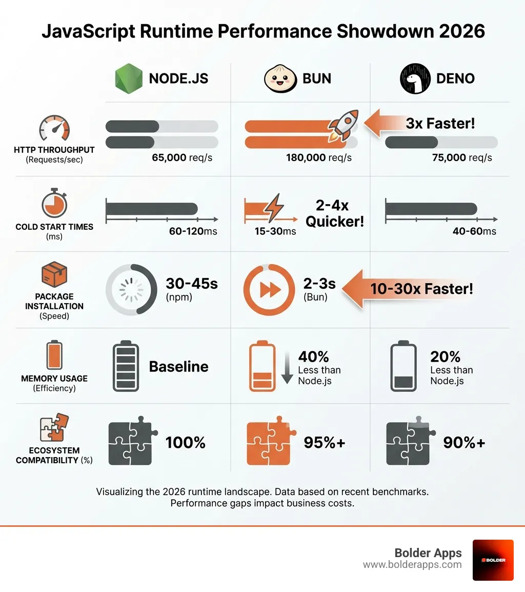 Infographic comparing Node.js, Bun, and Deno across performance metrics including HTTP throughput (Bun 180k req/s, Deno 75k req/s, Node.js 65k req/s), cold start times (Bun 15-30ms, Deno 40-60ms, Node.js 60-120ms), package installation speed (Bun 2-3s, npm 30-45s), memory usage (Bun 40% less than Node.js), and ecosystem compatibility (Node.js 100%, Bun 95%, Deno 90%) - "Node.js vs. Bun vs. Deno: The Ultimate Runtime Performance Showdown" infographic 