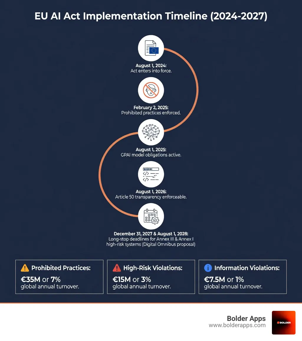 EU AI Act implementation timeline infographic from 2024 to 2027, showing key milestones: August 2024 Act enters force, February 2025 prohibited practices enforced, August 2025 GPAI model obligations active, August 2026 Article 50 transparency enforceable, December 2027 and August 2028 long-stop deadlines for Annex III and Annex I high-risk systems under the Digital Omnibus proposal, with penalty tiers of €35M/7% turnover for prohibited practices, €15M/3% for high-risk violations, and €7.5M/1% for information violations - The Compliance Cliff: Why 2025’s Apps Failed the New AI Act and How to Build for 2026 Regulations infographic 