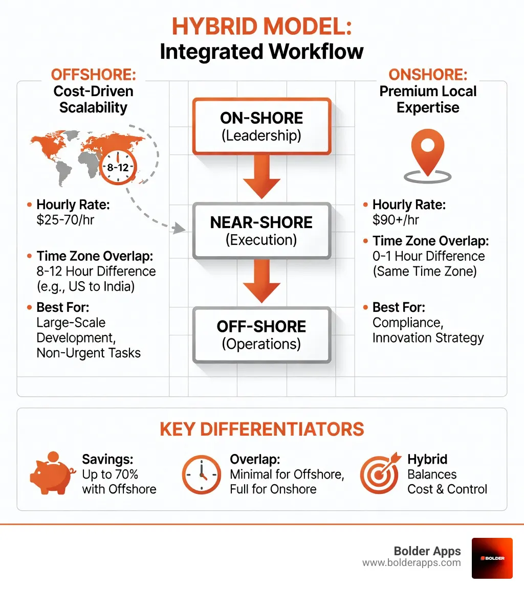 Infographic comparing onshore vs nearshore vs offshore vs hybrid talent models in 2026: showing hourly rate ranges (onshore $90+, nearshore $40-80, offshore $25-70), time zone overlap (onshore full, nearshore 1-3 hours difference, offshore 8-12 hours difference), best use cases for each model, cost savings percentages, and a hybrid model diagram showing onshore CTO/leadership layer feeding into nearshore execution and offshore operations layers - Offshore vs. Hybrid vs. Onshore: The 2026 Founder’s Guide to Global Talent Models infographic comparison-2-items-formal