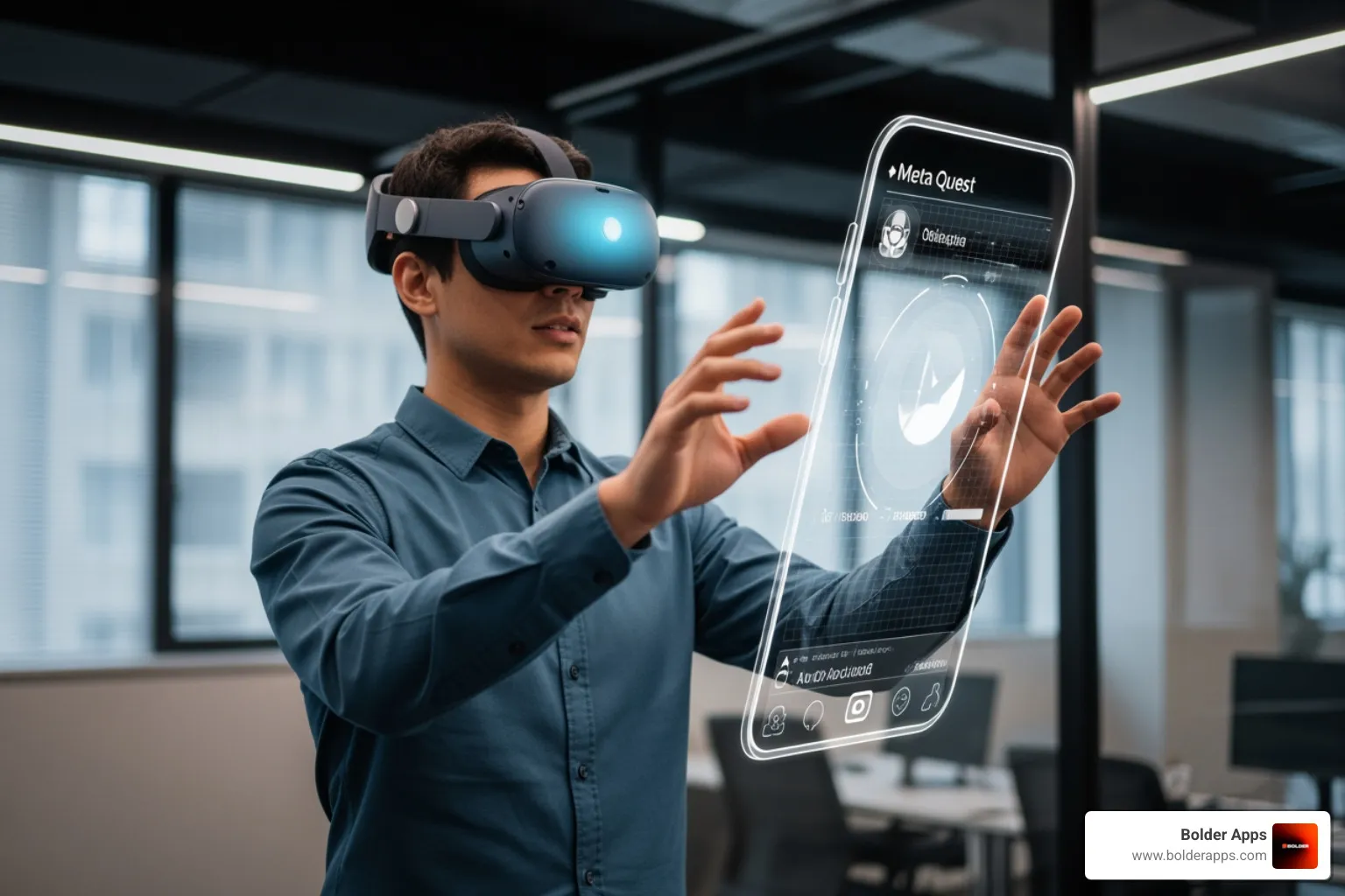 developer using spatial headset manipulating floating mobile app interface visionOS Meta Quest 2026 - Designing for Spatial