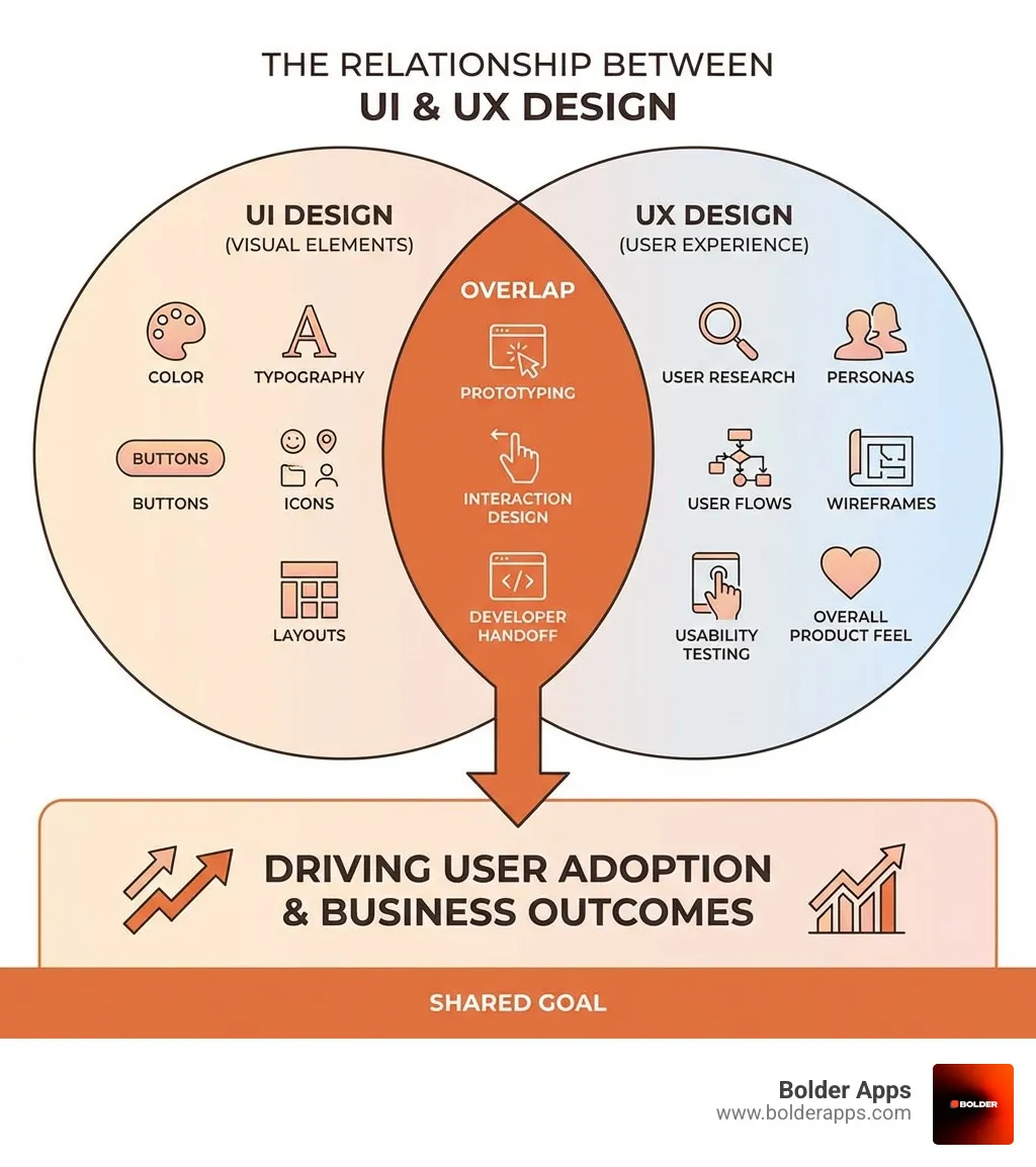 Infographic showing the relationship between UI and UX design: UI covers visual elements like color, typography, buttons, icons, and layouts; UX covers user research, personas, user flows, wireframes, usability testing, and overall product feel; both overlap in prototyping, interaction design, and developer handoff, with a shared goal of driving user adoption and business outcomes - interface design service infographic