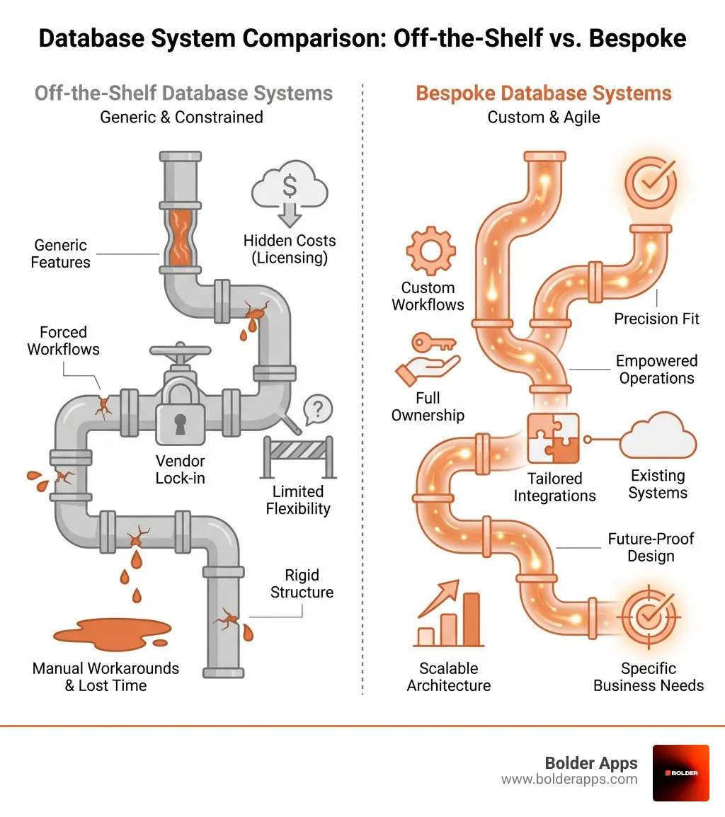 Infographic comparing off-the-shelf database systems with limited flexibility, vendor lock-in, and generic features versus bespoke database systems with custom workflows, full ownership, tailored integrations, and scalable architecture designed for specific business needs - bespoke database systems infographic 