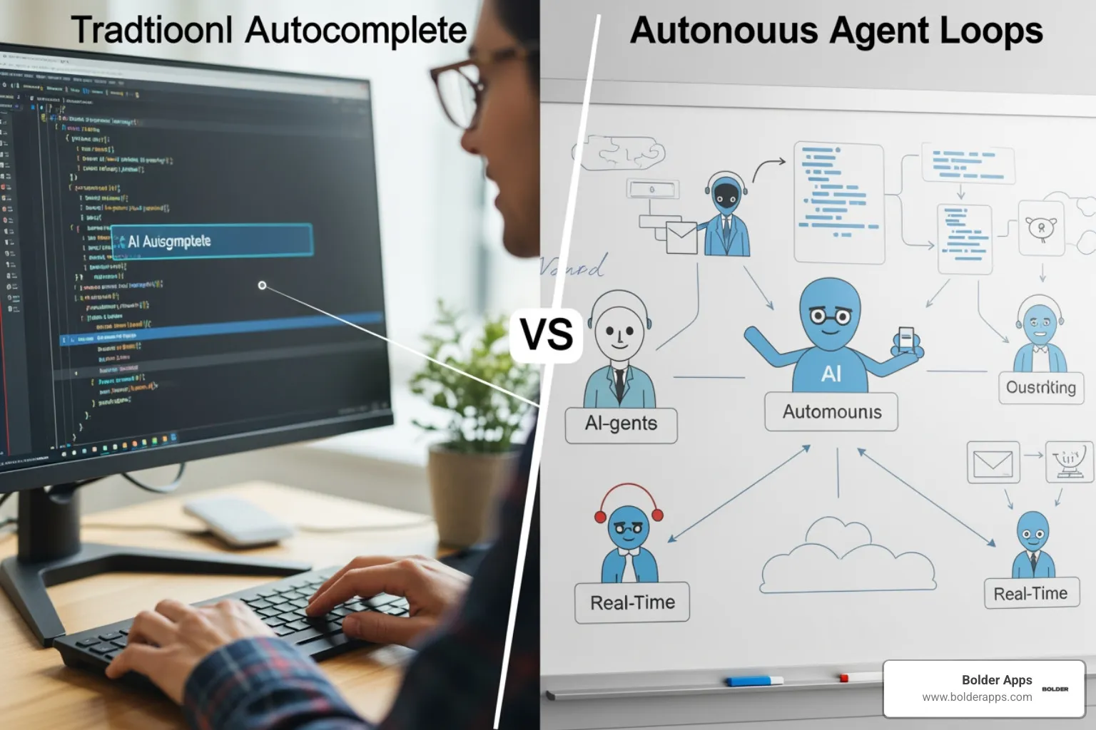 comparing traditional autocomplete to autonomous agent loops