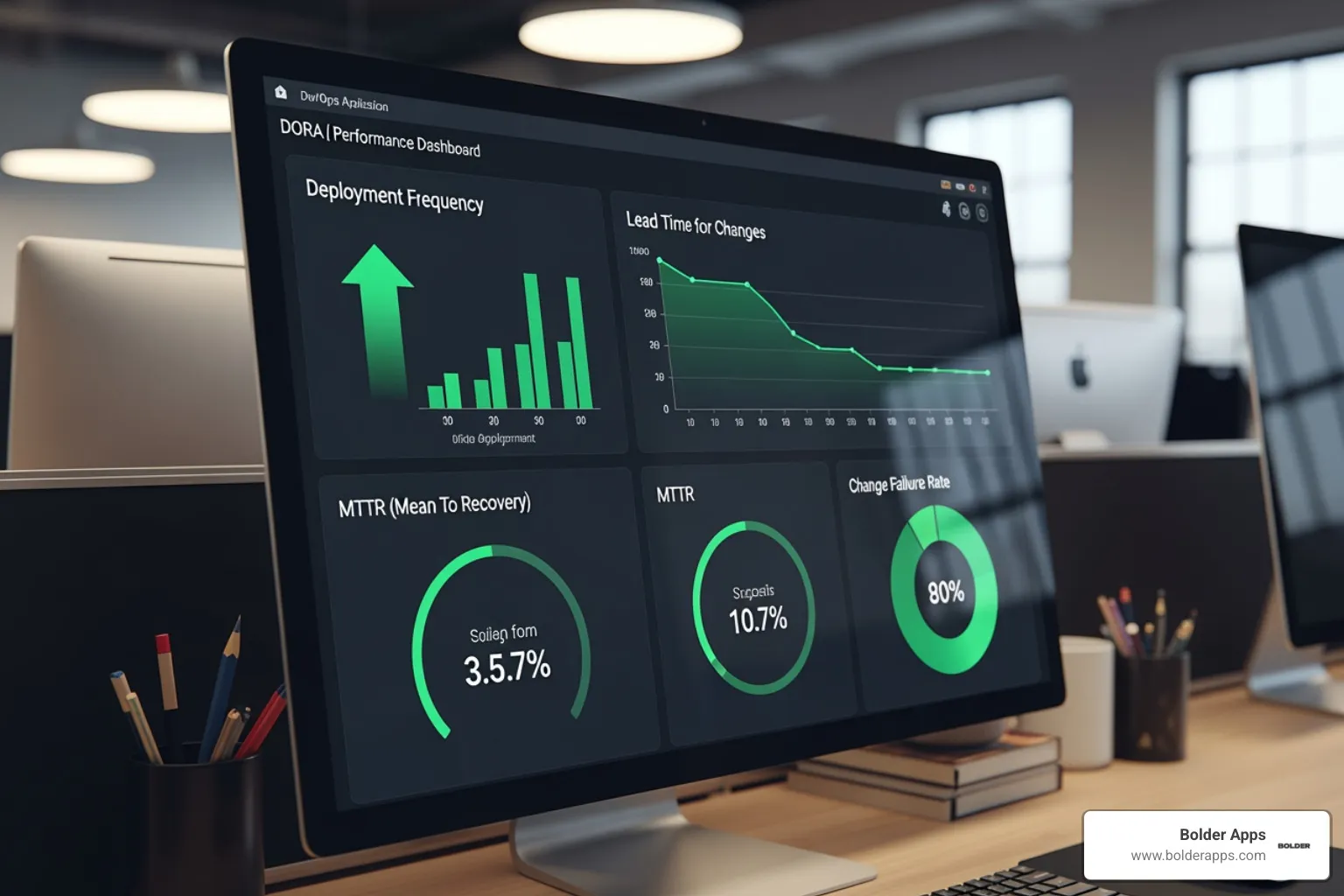 DevOps performance dashboard showing DORA metrics for a FinTech app