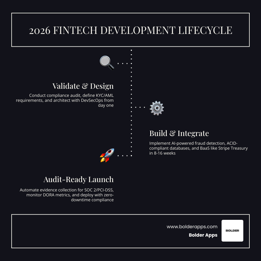 2026 FinTech development lifecycle from validation to audit-ready launch showing compliance, stack, cost, and timeline