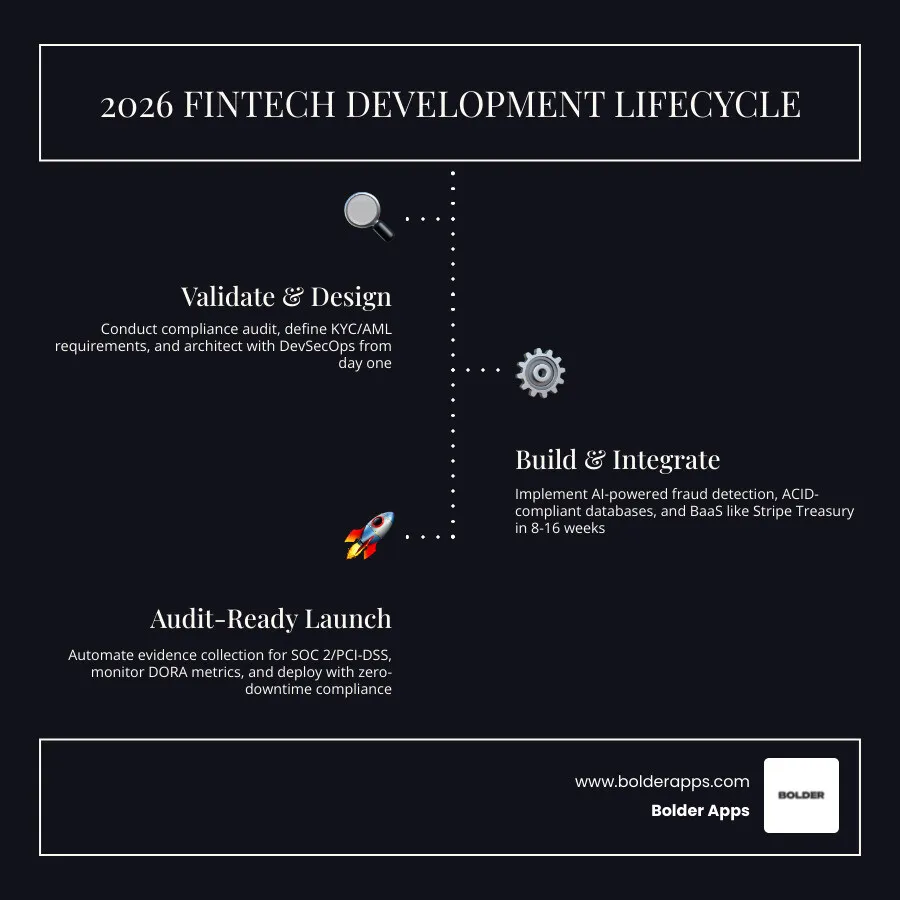 2026 FinTech development lifecycle from validation to audit-ready launch showing compliance, stack, cost, and timeline