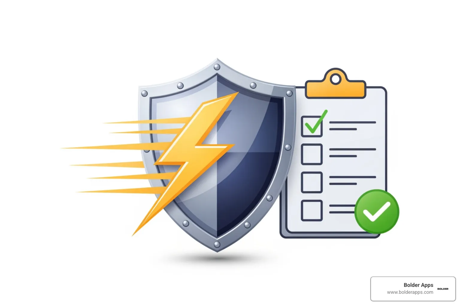 Shield lightning bolt and checklist icons for security performance and compliance