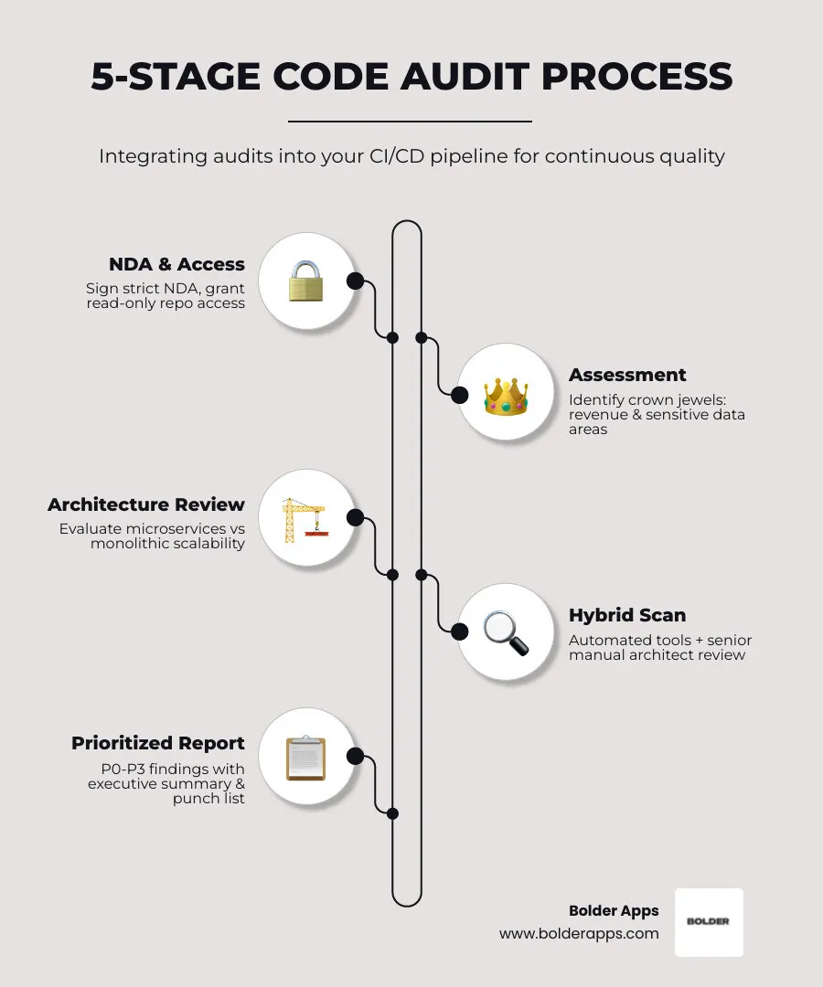 Infographic showing code audit integration into a CI/CD pipeline infographic