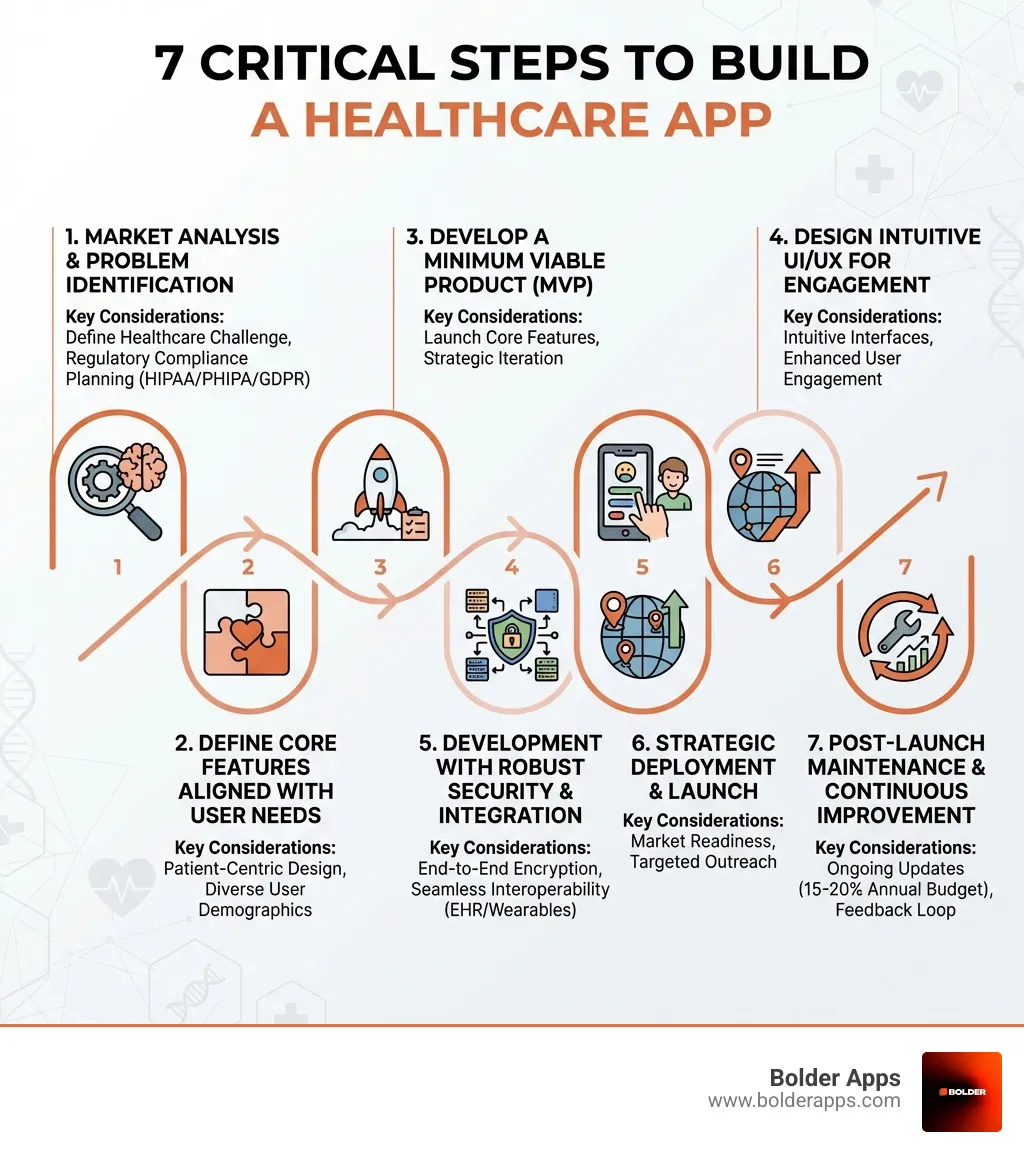 Infographic showing the seven critical steps to build a healthcare app: 1) Market analysis and problem identification, 2) Define core features aligned with user needs, 3) Develop a Minimum Viable Product (MVP), 4) Design intuitive UI/UX for engagement, 5) Development with robust security and integration, 6) Strategic deployment and launch, 7) Post-launch maintenance and continuous improvement. Each step includes key considerations like regulatory compliance, patient-centric design, and seamless interoperability. - build healthcare app infographic 