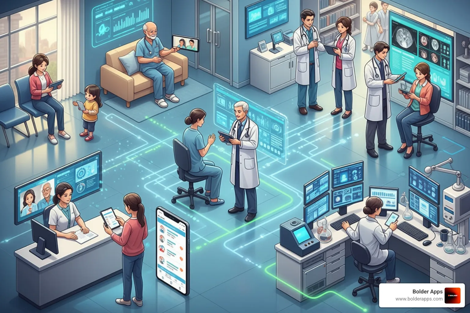 Ecosystem of healthcare apps connecting patients, providers, pharmacies, and labs - build healthcare app