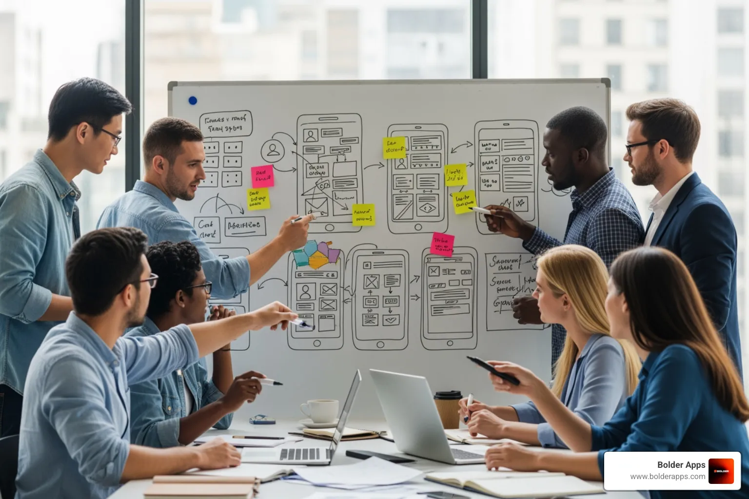 a diverse startup team brainstorming around a whiteboard with app interface sketches. - app development services for startups