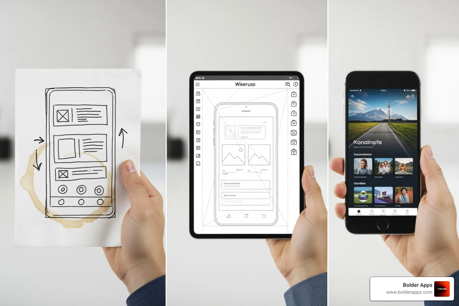 showing the progression from a napkin sketch to a wireframe to a final app screen. - app development services for startups