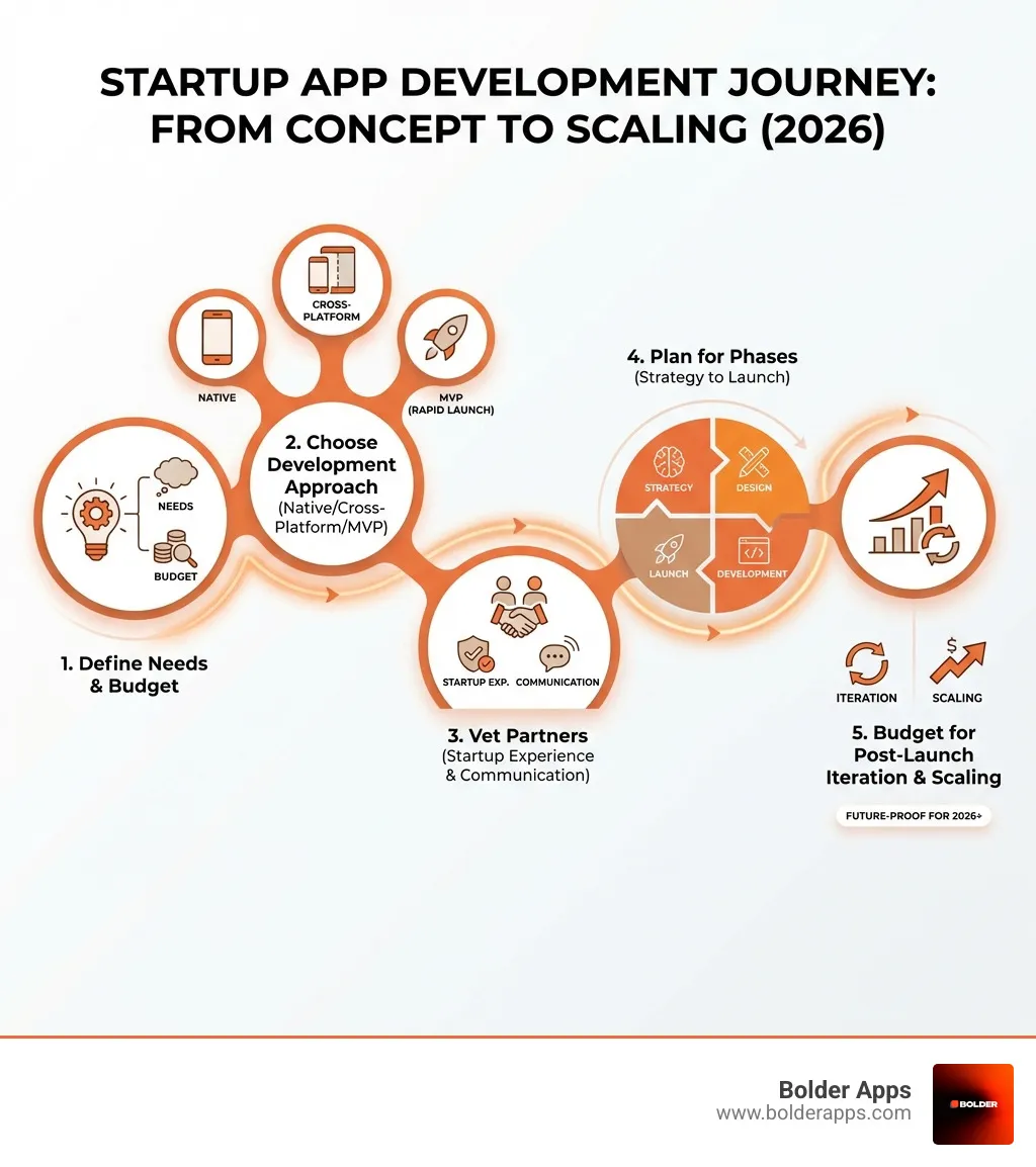 Infographic showing the startup app development journey: 1) Define needs and budget, 2) Choose development approach (Native/Cross-Platform/MVP), 3) Vet partners for startup experience and communication, 4) Plan for phases (Strategy, Design, Development, Launch), 5) Budget for post-launch iteration and scaling - app development services for startups infographic 