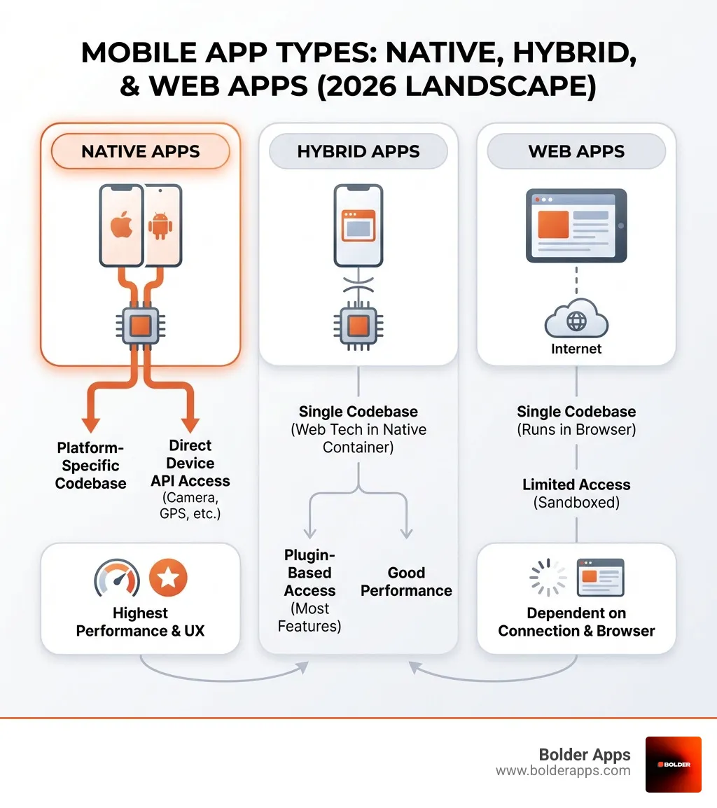 Infographic explaining the difference between Native, Hybrid, and Web Apps - top mobile app development frameworks infographic 