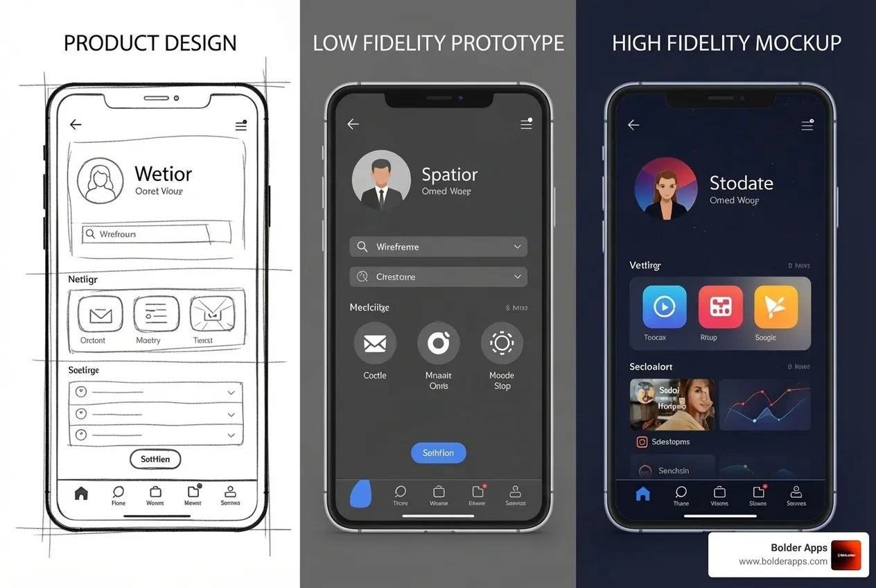 wireframe, a low-fidelity prototype, and a high-fidelity mockup side-by-side - design of digital products