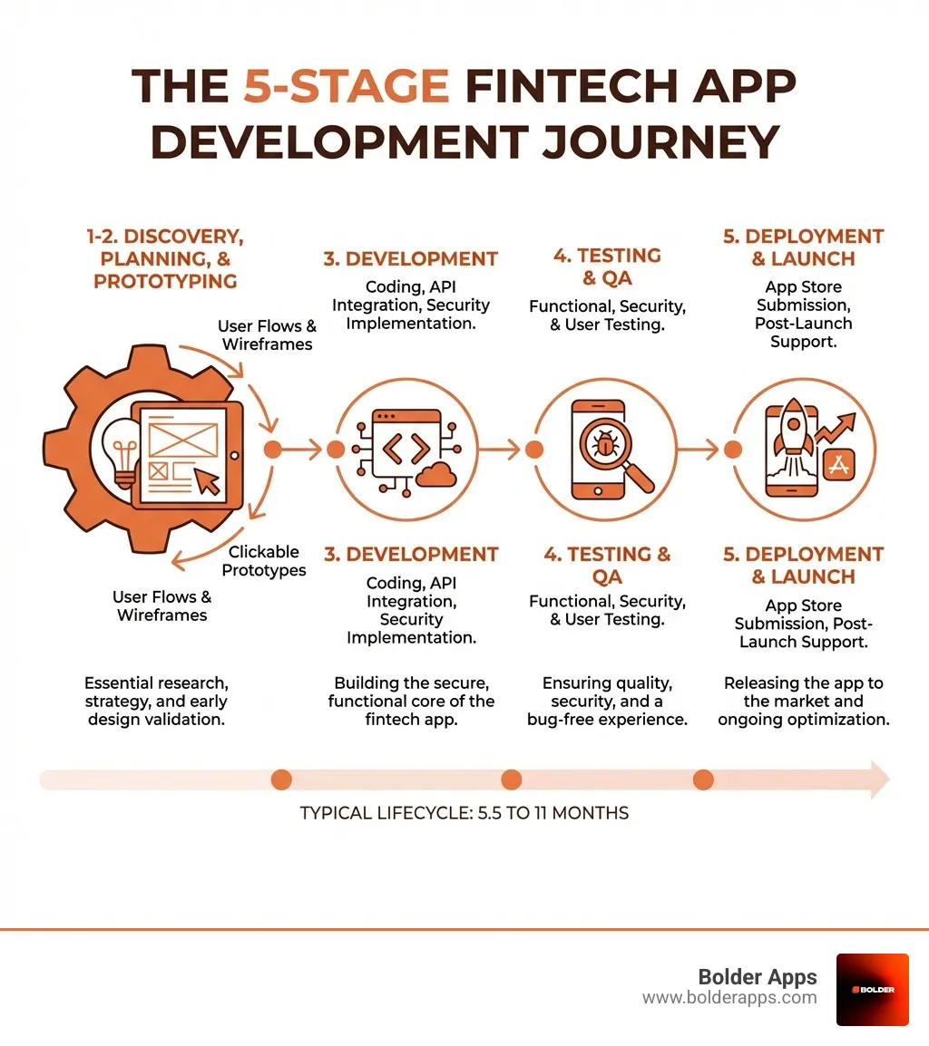 illustration of 5 stages of app development - build a fintech app infographic 