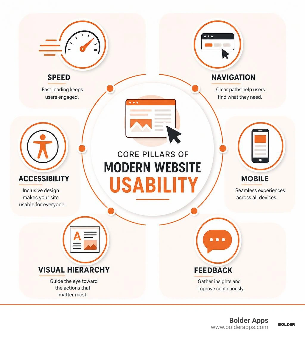 Core pillars of modern website usability: speed, navigation, accessibility, mobile, visual hierarchy, feedback infographic Core pillars of modern website usability: speed, navigation, accessibility, mobile, visual hierarchy, feedback infographic