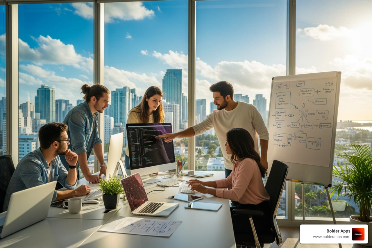 a dashboard showcasing various software services like mobile, web, and AI - miami software development