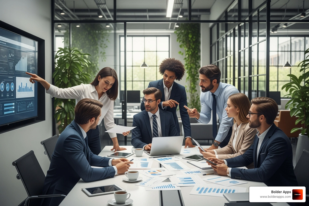 professionals from different industries (healthcare, finance) collaborating in a modern office - miami software development