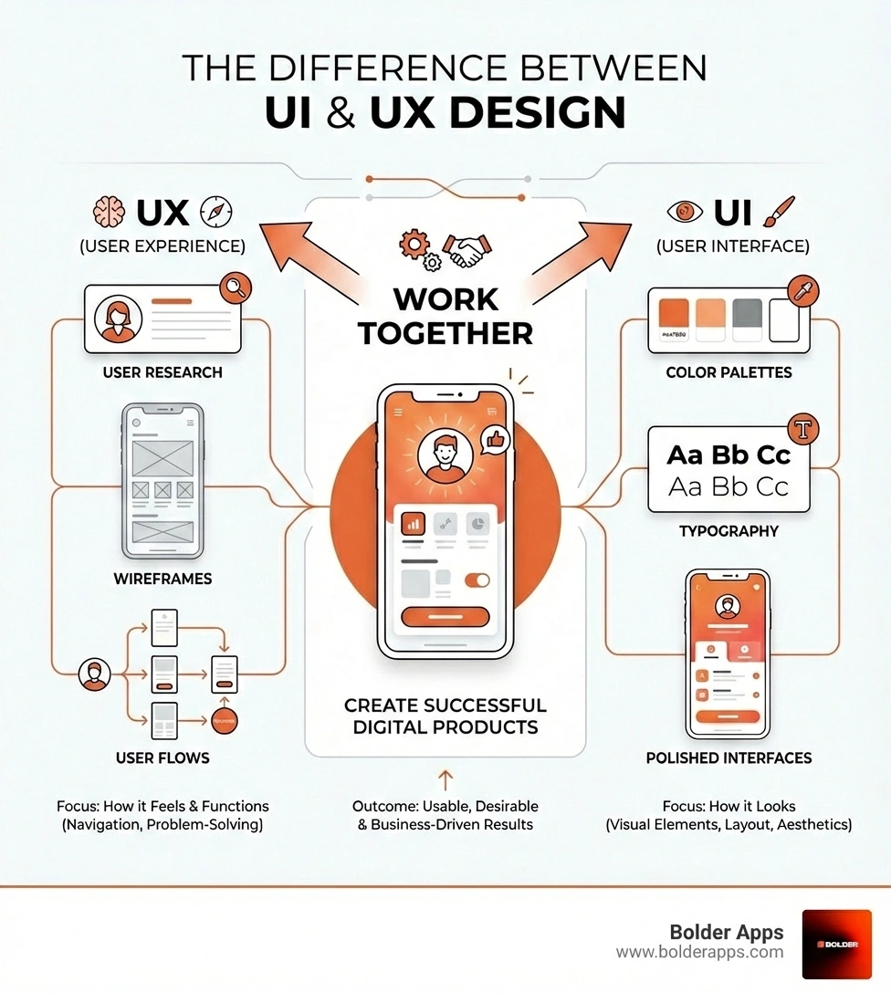 infographic showing the key differences between UI and UX design with visual examples: UX side shows user research, wireframes, and user flows; UI side shows color palettes, typography, and polished interface screens; center shows how they work together to create successful digital products - ui ux design services infographic infographic showing the key differences between UI and UX design with visual examples: UX side shows user research, wireframes, and user flows; UI side shows color palettes, typography, and polished interface screens; center shows how they work together to create successful digital products - ui ux design services infographic
