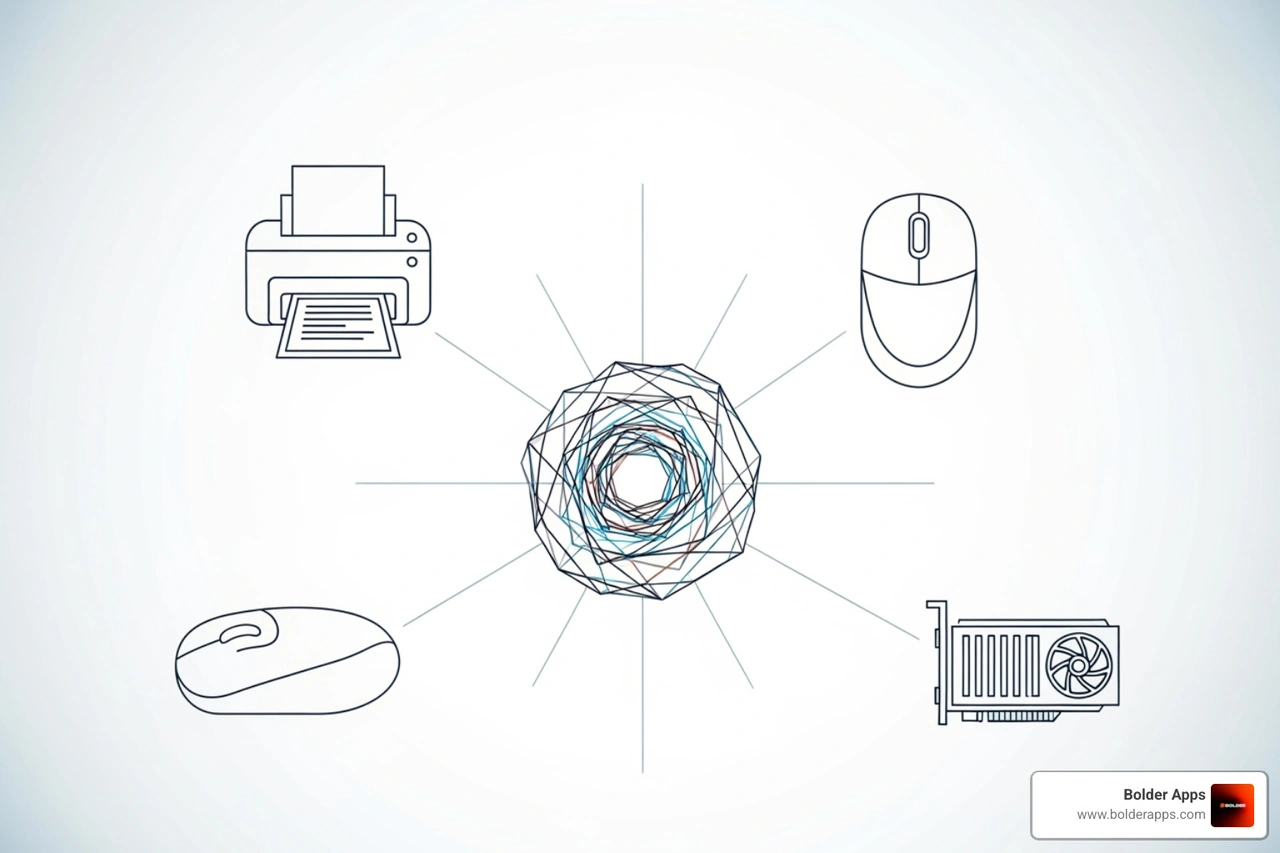 icons for a printer, mouse, and graphics card connecting to an OS icon - Types of Software icons for a printer, mouse, and graphics card connecting to an OS icon - Types of Software