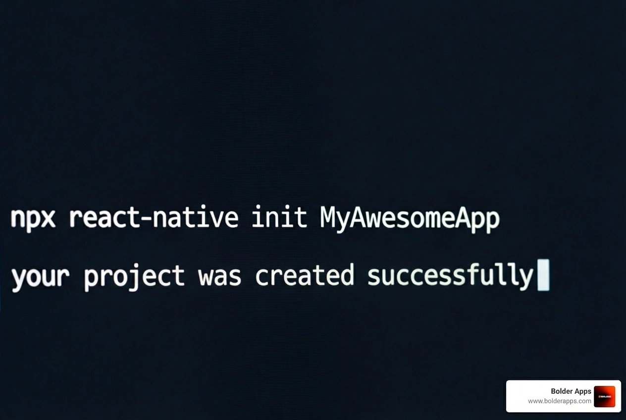 Command line interface showing successful npx react-native init command - create react native app android studio Command line interface showing successful npx react-native init command - create react native app android studio