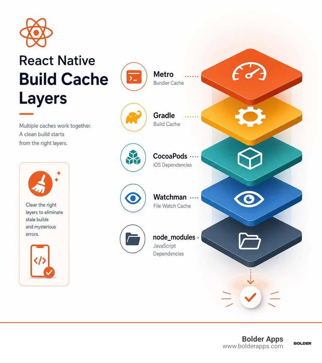 React Native build cache layers infographic showing Metro, Gradle, CocoaPods, Watchman, and node_modules infographic React Native build cache layers infographic showing Metro, Gradle, CocoaPods, Watchman, and node_modules infographic