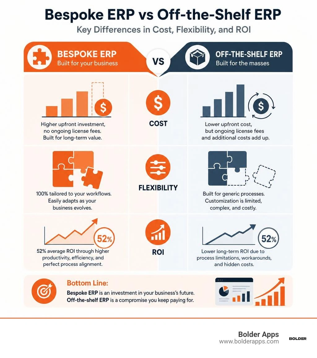 Bespoke ERP vs off-the-shelf ERP comparison infographic showing key differences in cost, flexibility, and ROI infographic