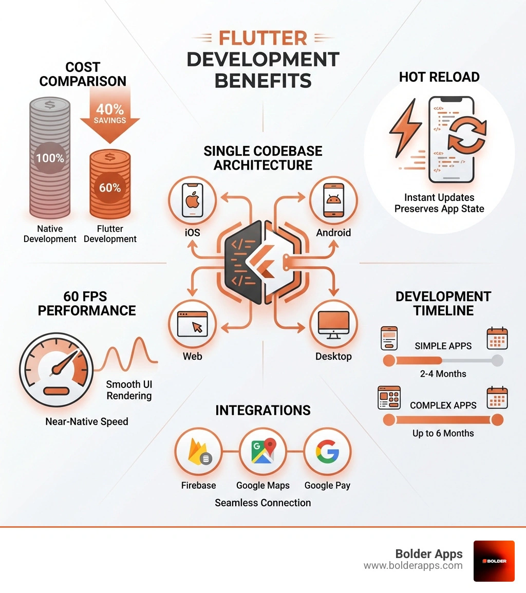 infographic showing Flutter development benefits: single codebase architecture flowing to iOS, Android, web and desktop platforms; hot reload feature for instant updates; 60 FPS performance metrics; cost comparison showing 40% savings vs native development; timeline showing 2-4 months for simple apps and up to 6 months for complex apps; integration icons for Firebase, Google Maps, and Google Pay - flutter app developers infographic 