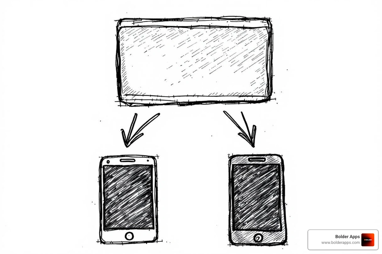 image comparing a single Flutter codebase deploying to two phones (iOS/Android) vs. two separate native codebases - flutter app developers