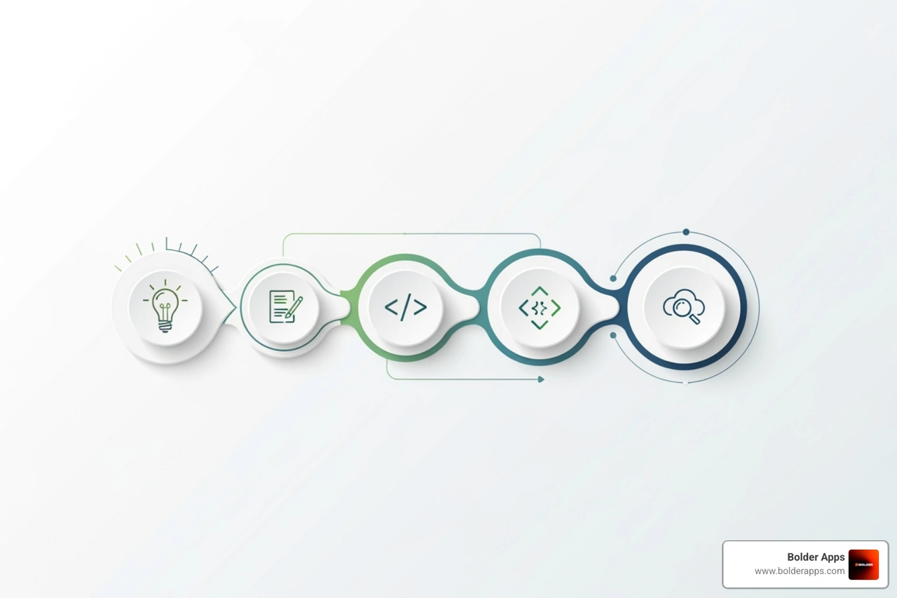 Flowchart illustrating the software development lifecycle from idea to launch - web and app development services Flowchart illustrating the software development lifecycle from idea to launch - web and app development services