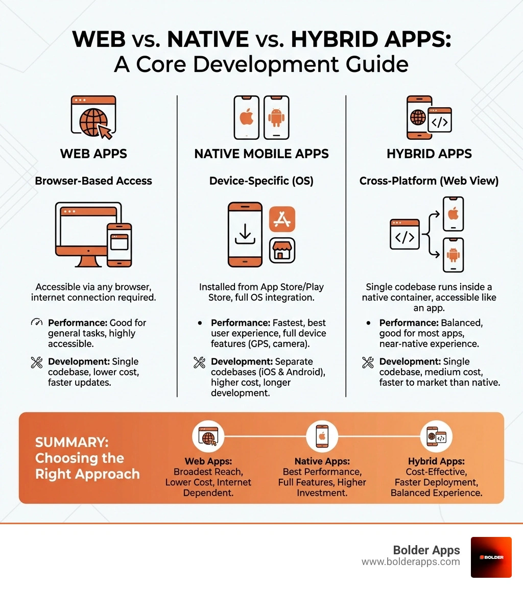 Infographic explaining the difference between web apps, native mobile apps, and hybrid apps - web and app development services infographic Infographic explaining the difference between web apps, native mobile apps, and hybrid apps - web and app development services infographic