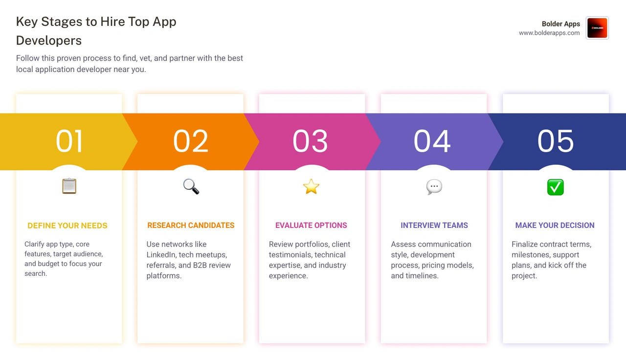 infographic showing the key stages of finding and hiring an app developer: Define Your Needs (app type, features, budget), Research Candidates (networks, platforms, referrals), Evaluate Options (portfolio, testimonials, technical skills), Interview Teams (communication, process, pricing), Make Your Decision (contract terms, timeline, support) - application developer near me infographic pillar-5-steps
