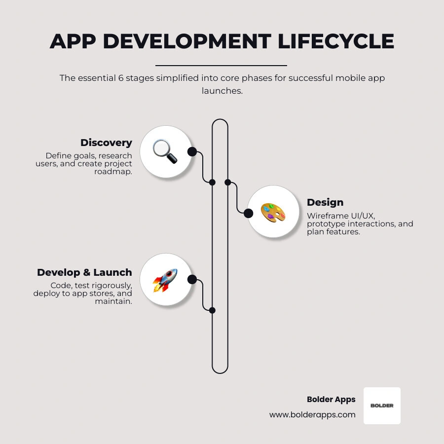 6 stages of the app development lifecycle: discovery, design, development, testing, deployment, maintenance - app makers