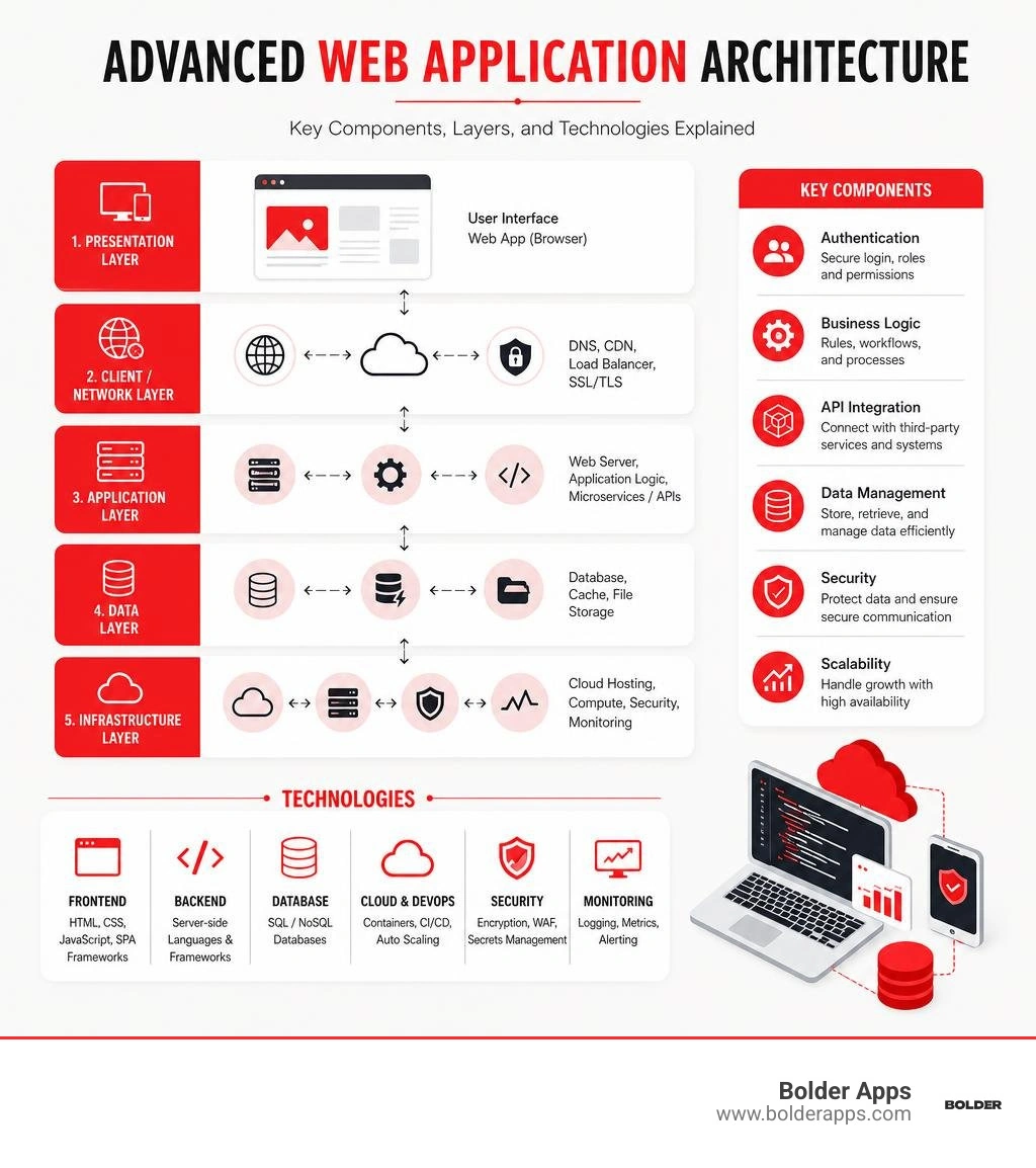 Advanced web application architecture: key components, layers, and technologies explained infographic