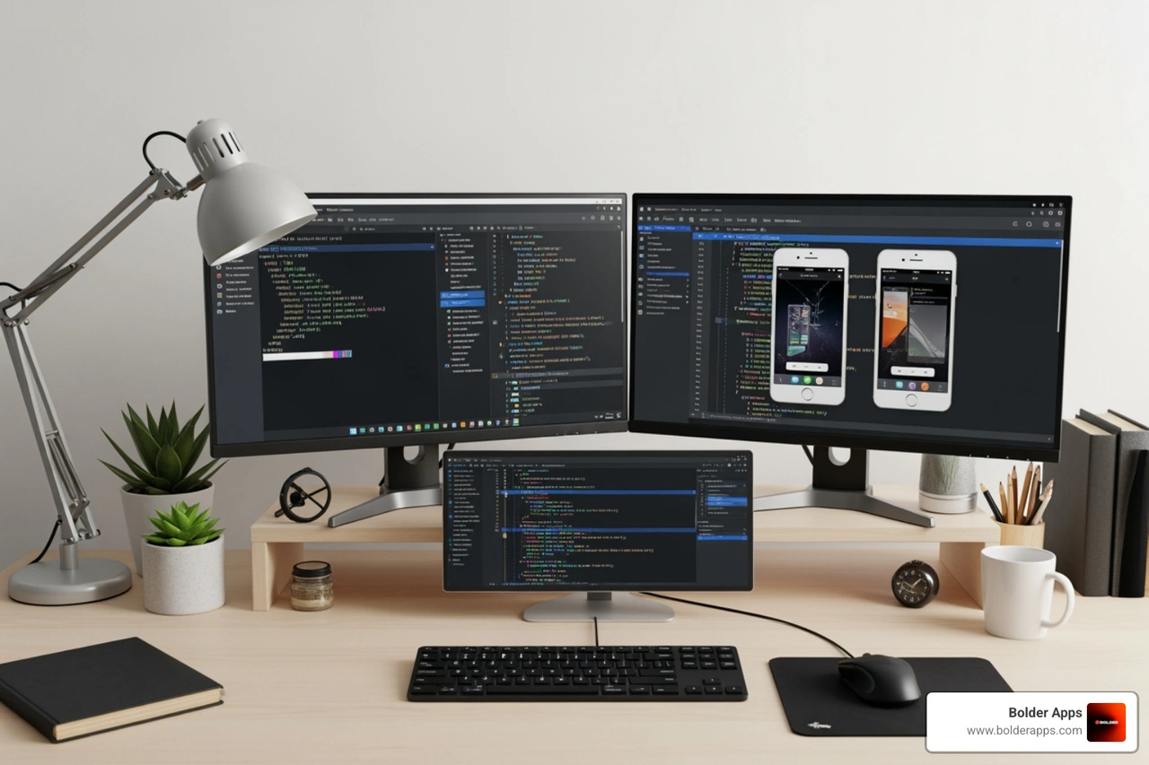 Angular development environment setup showing terminal window with CLI commands, VS Code with TypeScript code, and mobile emulators for testing - angular mobile app development Angular development environment setup showing terminal window with CLI commands, VS Code with TypeScript code, and mobile emulators for testing - angular mobile app development